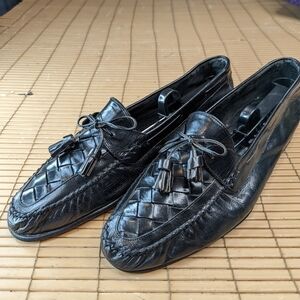 Johnston & Murphy Black Leather Woven Vamp Tassel Loafers Sz 11N Made In Italy